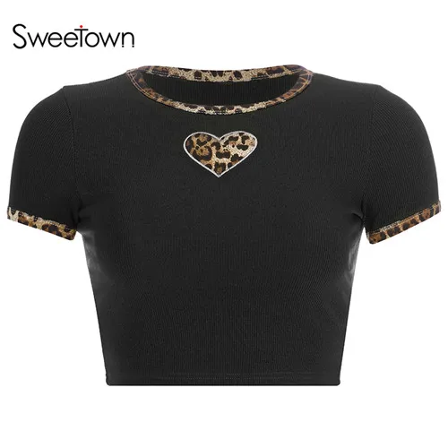black Sweetown/Новинка года; милая верхняя футболка в стиле пэчворк с леопардовым принтом; красные летние топы с круглым вырезом и короткими рукавами в винтажном стиле; Kawaii; уличная одежда - Цвет: black