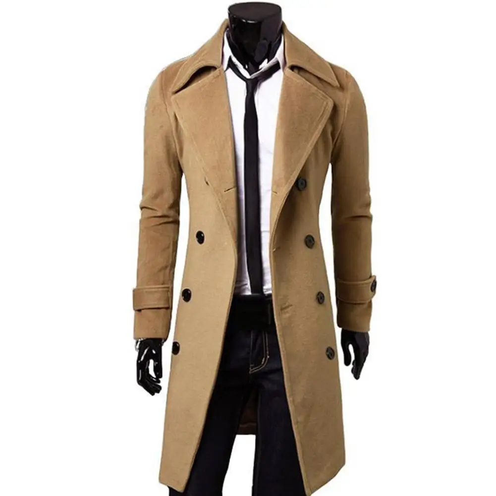 Модное мужское шерстяное пальто, зимнее теплое однотонное длинное пальто-Тренч, однобортное деловое повседневное пальто, парка