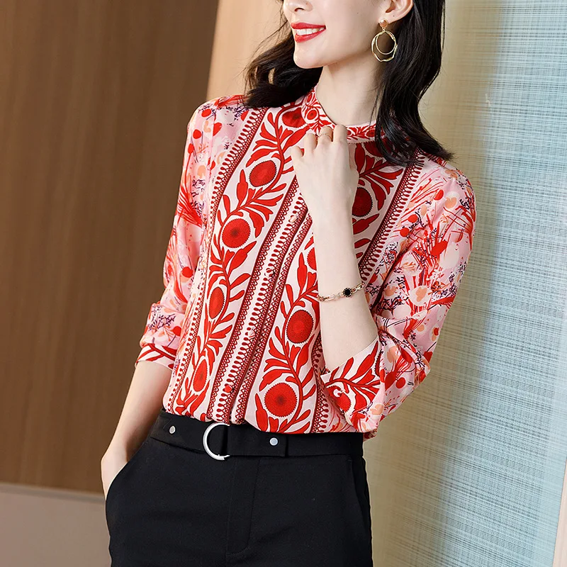 

2020 Spring Summer Women's High Quality Stand Collar Luxury Real Silk 100% Shirts and Blouses Red Color Tops