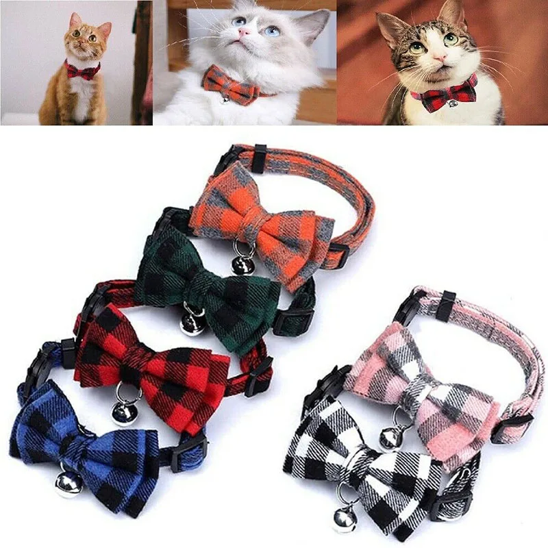 

Cat Collar Bowknot Adjustable Safety Buckle Gatos Bow Tie Cat Accessories Collar for Cats with Bell Solid Color