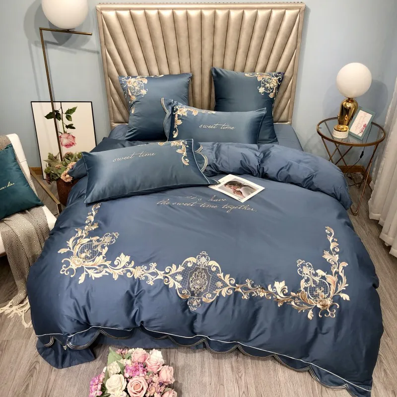 

HM Life Duvet Cover Sets Simple Style High Quality Plants Embroidery 4Pcs/Set Bedclothes Soft Smooth Luxury Bedding Sets