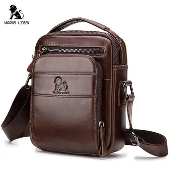 

LAOSHIZI LUOSEN Genuine Cow Leather Messenger Bags Men Flap Casual Solid Handbags Multi-pocket Small Male Shoulder Crossbody Bag