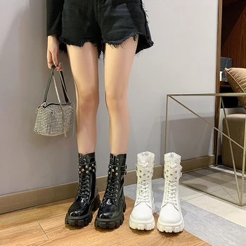 online Mulher Rendas Até Botas De Outono Das Mulheres Senhoras Chunky Cunha Plataforma Preto Botas De Couro De Patente Punk Goth Nova Chegada 2020