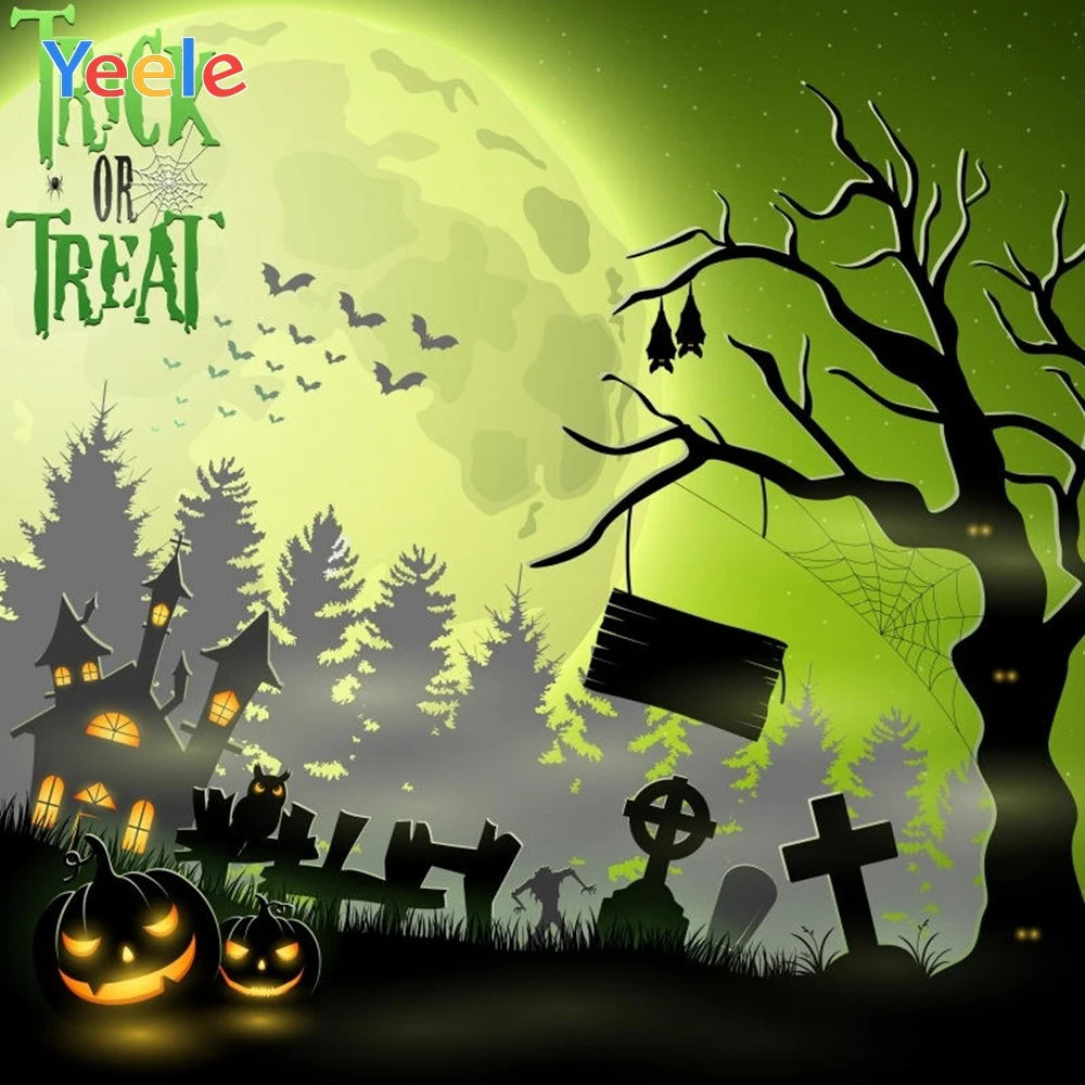 

Yeele Halloween Backdrop Castle Bat Tombstone Moon Night Trick Or Treat Customized Vinyl Photography Background For Photo Studio