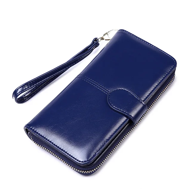 Women Oil Wax Leather Women's Wallet Female Purses Big Capacity Hasp Zipper Purse Ladies Long Wristlet Clutch Coin Card Holders Navy Blue