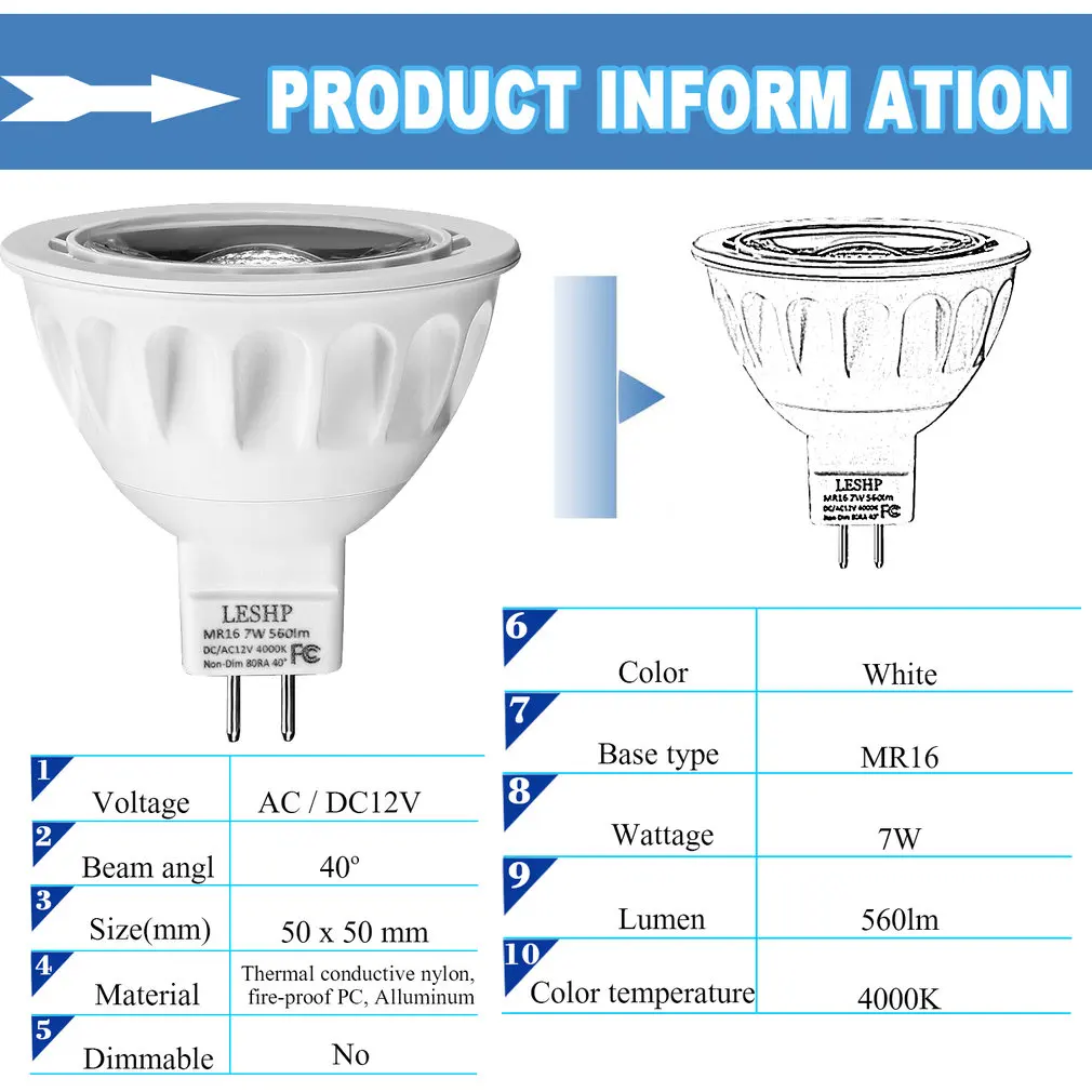 LESHP White MR16 AC/DC12V 7W LED Spotlight 4000K 560LM Non-Dimmable 40 Degree Beam Angle Compact Size Light Weight