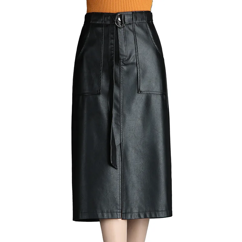 Новинка, Осень-зима, Женская юбка-карандаш с высокой талией из искусственной кожи, большие размеры, Женская офисная юбка, повседневная Кожаная Юбка Saia