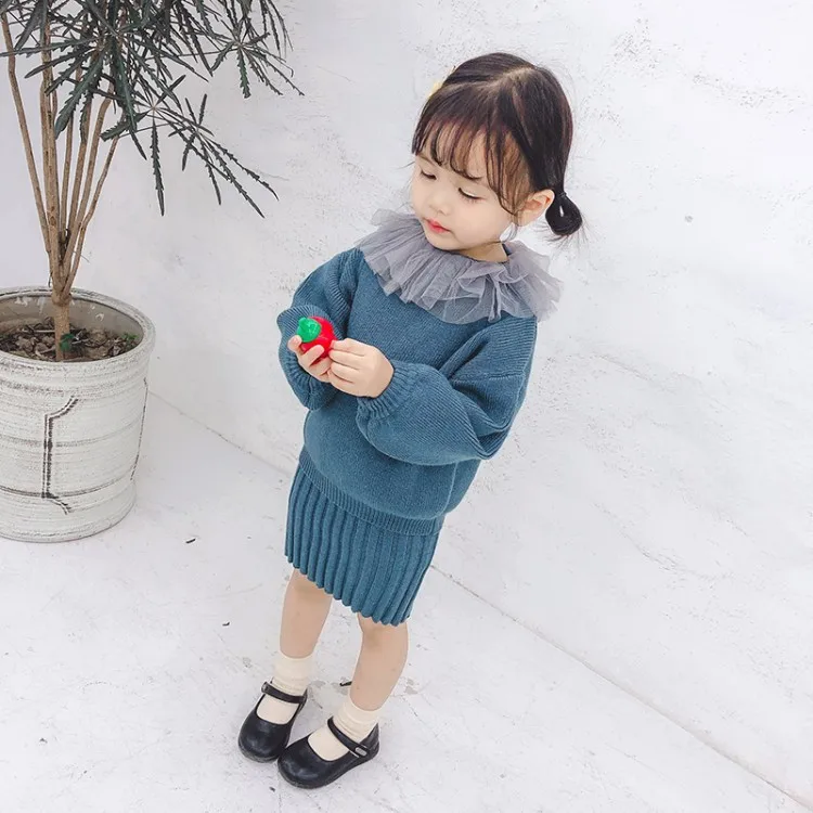 

Children Spring And Autumn Childrenswear Girls Autumn New Style Gauze Collar Sweater Children Yarn Suit Skirt Two-Piece Set