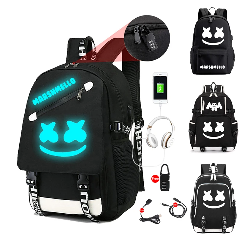 Pаспродажа DJ Marshmallow рюкзак с отражающими вставками многофункциональный USB зарядка Противоугонный для подростков мальчиков девочек студенческий рюкза...