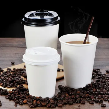 

50pcs Thick White Paper Cup Disposable Coffee Cup 250ml Small Juice Beverage Water Packaging Cups With Lids And Brown Sleeves