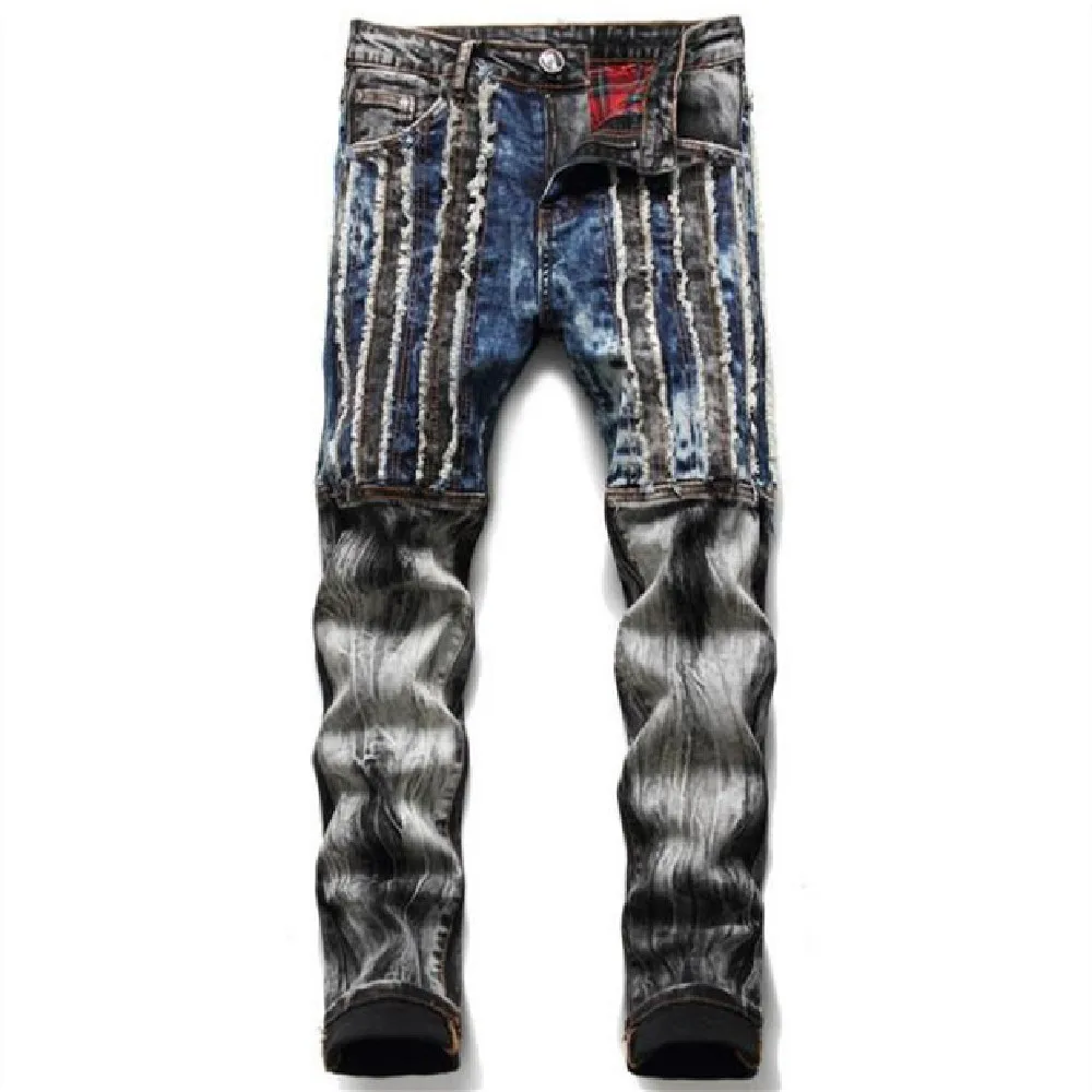 

Men's jeans new European and American fashion jeans fashion splicing color slim jeans casual joker small straight leg jeans