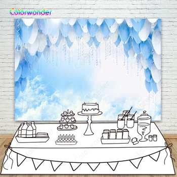

Balloons Fill The Sky Birthday Party Photo Backdrop Blue Sky White Clounds Baby Shower Background For Photo Studio Photophone