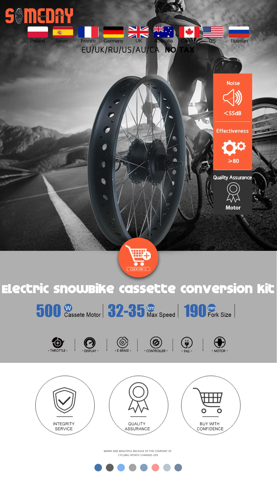 SOMEDAY 36V/48V 500W Snow Bike Electric Bicycle Conversion Kit 20 26 Inch Wheel Rear Cassette Hub Motor for Fat Tire Bike