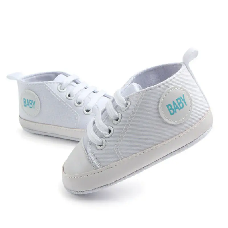 New UK Fasion Newborn Baby Boy Girl Soft Sole White Pram Shoes Trainers White Canvas