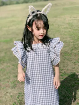 

2020 Girls fashion lace bow plaid A-line dresses ruffles sleeve baby girl cotton causal dress children's kids clothing