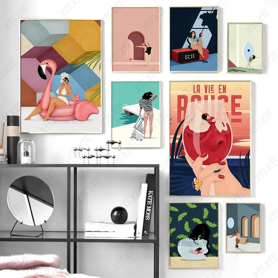 

Abstract Girl Summer Vacation Landscape Poster Elegant Fresh Decoration Wallpaper Home Canvas Painting Wall Art for Living Room