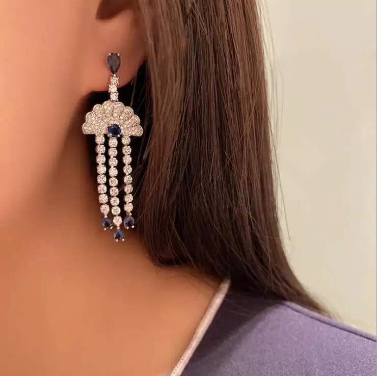 Женские серьги из стерлингового серебра S925 пробы, модные серьги с цирконием, веерообразные длинные Этнические женские серьги с бахромой