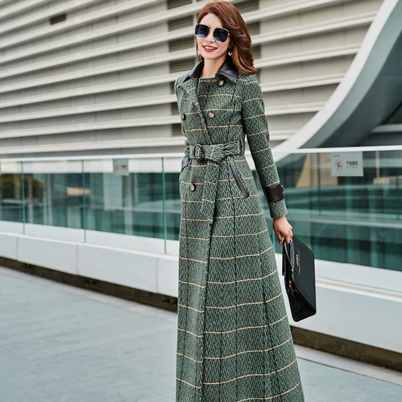 Осенний и зимний тренд в зеленую клетку шерстяное пальто женский Европа и США Длинная тонкая талия куртка длинное пальто