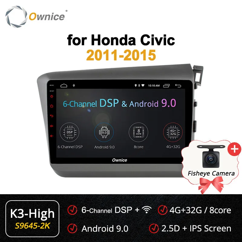 Ownice K1 K2 K3 Android 9,0 восемь Восьмиядерный для HONDA CIVIC 2011 2012 2013 автомобильный проигрыватель с радио и GPS 2G+ 32G поддержка 4G dvd DAB - Цвет: S9645-2 K3-High