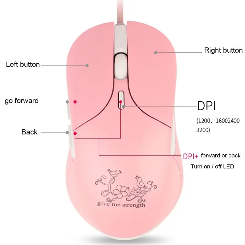 Розовый бесшумный светодиодный светильник оптическая игровая мышь эргономичная USB Проводная мышь с 3200 dpi и 6 кнопками для ПК ноутбука компьютера ноутбука