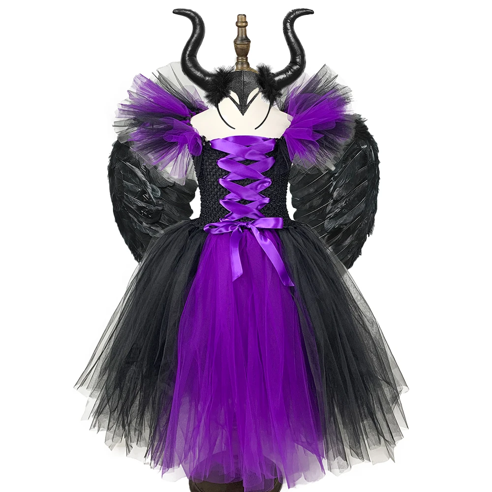 Purple Witch Costume Kid Girls Tutu Dress Ankle Length Halloween Devil Cosplay Clothes for Child Party Photo Prop Purim Gift |