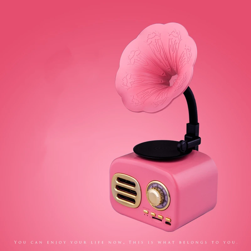 Ретро фонограф Беспроводной Громкая связь FM радио громкоговоритель портативный сабвуфер bluetooth 4,1 колонки - Цвет: Розовый