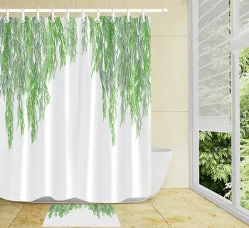 

LB Spring Green Plant Weeping Willow Print Bathroom Shower Curtain Waterproof Polyester Fabric Shower Curtain Set with 12 Hooks