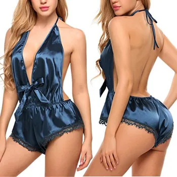 

Sexy Women's Sleepwear Sexy Satin Pajama Set Black Lace V-Neck Pyjamas Sleeveless Cute Cami Top and Shorts Erotic Lingerie