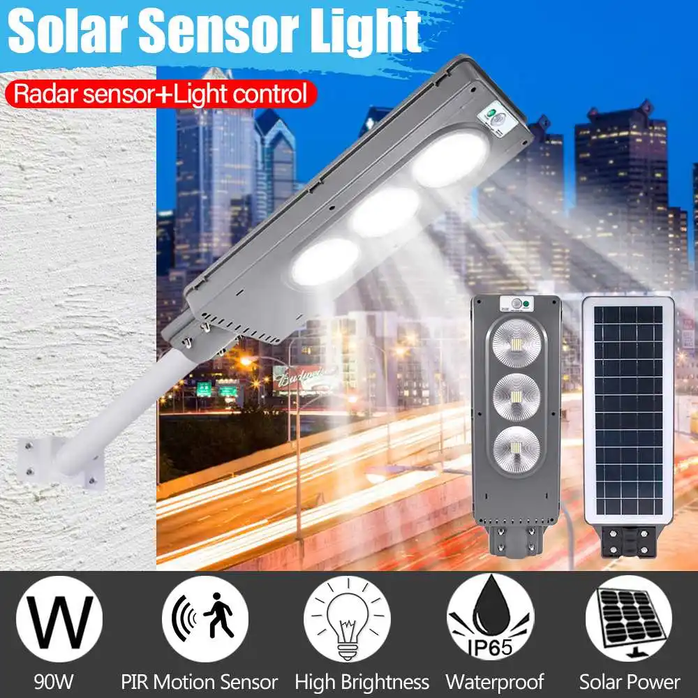90 Вт 120LED IP67 Солнечный уличный светильник с радиолокационным зондированием, охранная лампа 2 в 1, постоянно яркая Индукционная Солнечная настенная лампа