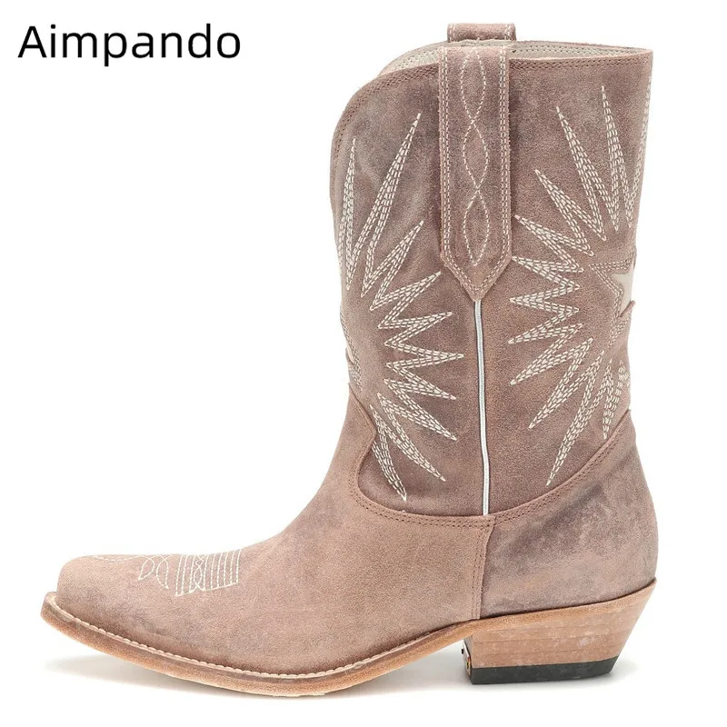 

Retro Ethnic Woman Boots Cozy Slip-On Western Bottes Round Toe Med Block Heel Party Shoes Mid Calf Embroider Stars Boots Women