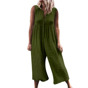 

2019 Boho Women Summer Short Sleeve Jumpsuit Overalls Casual Loose Linen Cotton Playsuit Casual Button Up Loose Rompers Trousers