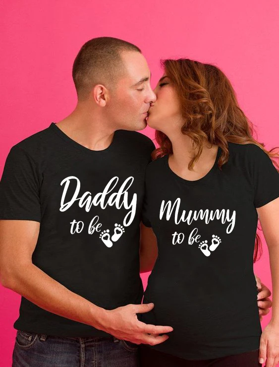 T-Shirts Drinking Baby Announcement Pregnancy-Reveal for Two-Eating Set Couple Daddy-To-Be-Wear