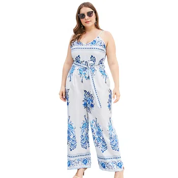 

Plus Size Women New Blue and White Patterns Wide Leg Jumpsuits Sexy V Neck Backless Suspender Jumpsuit with Belt 3XL 4XL