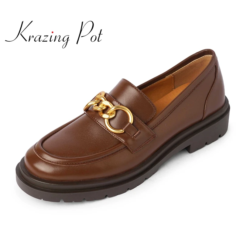

krazing pot full grain leather round toe med heel loafers metal decorations preppy style young lady daily wear women pumps L33