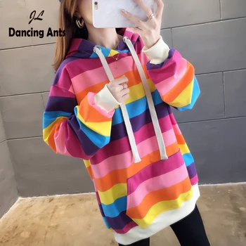

Hoodies Women Colorblock Hoodie-women Plus Size Shirt Long Sleeve Sweatshirt Stripe Pocket Rainbow Coat Woman pullover