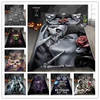 

3D Skull Black Halloween Style Bedding Sets Women And Cool Skull Print Black Bedclothes Bedline Twin Full Queen Size