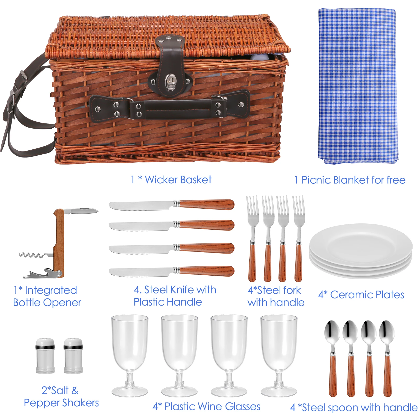 Handmade Wicker Picnic Basket For 2/4 Person With Waterproof Picnic Blanket Food Fruit Baskets For Camping By The Lake Beach 6