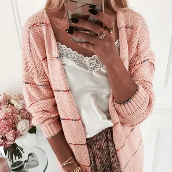 

2020 New Arrival Autumn Striped Knitted Cardigan Outerwear For Women Fashion Casual Long Sleeve Sweater
