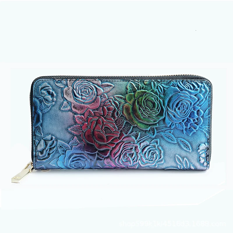 Wallets Women Long Clutch Bags Classic National Floral Decorate Multi-function PU Leather Handbags Zipper Card Holders For Lady - Цвет: Colorful Blue Rose