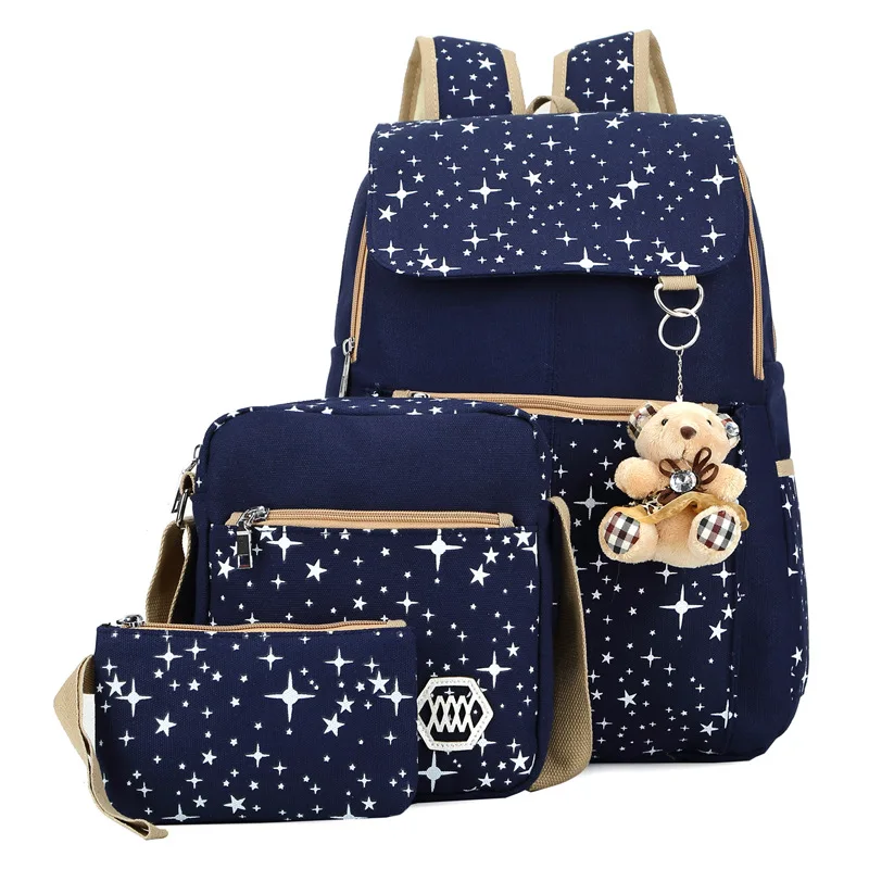 

3pcs / 1set Black Canvas Women's Backpack College Style Bookbags with Star Pattern Backpack for Girls Travel Bag