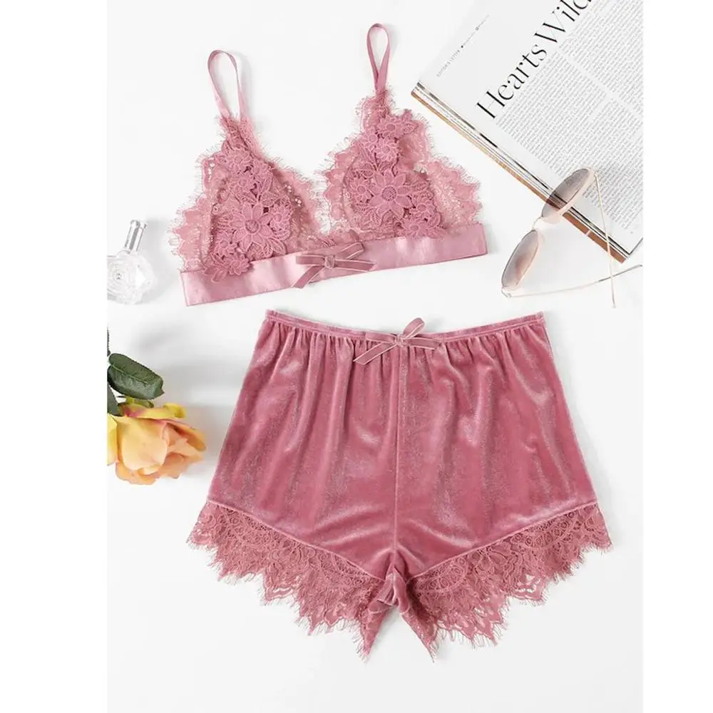 

New Women Lingerie Sleepwear Sets Fashion Solid Embroidered Applique Tops and Shorts Underwear 2019 Hot Sale Conjunto Cueca Y