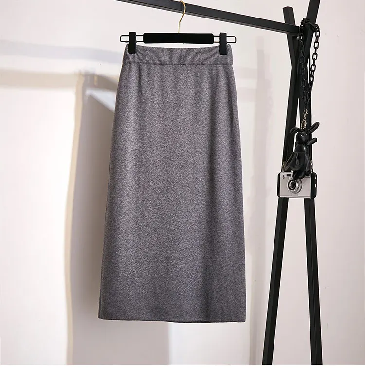 60-90CM Elastic Band Women Skirts Autumn Winter Warm Knitted Straight Skirt Ribbed Ribbed Mid-Long Skirt Black - Цвет: C