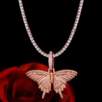 

janekelly iced out women jewelry hip hop bling tennis chain choker 5A cz paved butterfly pendant necklace