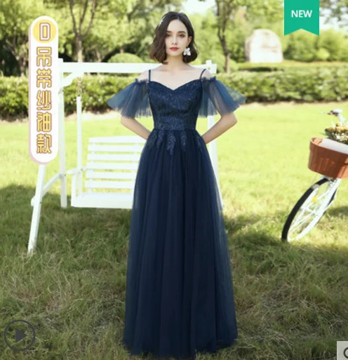 navy blue D Новые пыльно-синие смешанные и подходящие Платья для подружек невесты с аппликацией цветов осенние румяные вечерние платья для выпускного вечера дешевые Robe De Soriee - Цвет: navy blue D