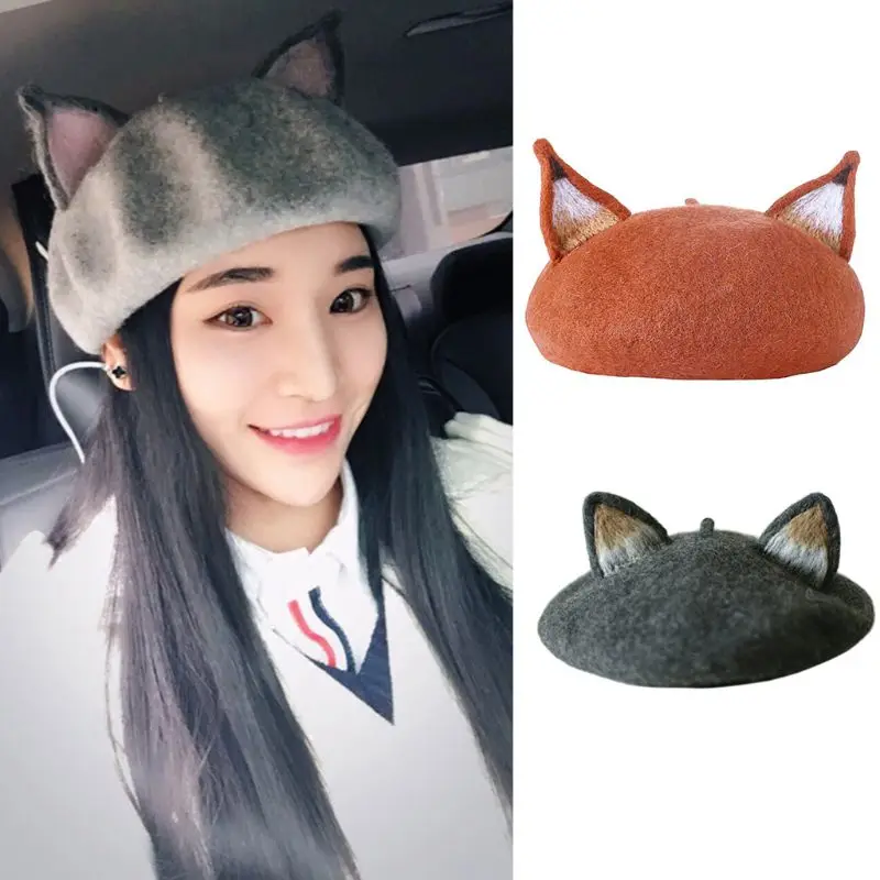 

Fashion Women Girls Retro Beret Cap Cute 3D Cat Fox Pointed Ears Hat Lady Female Casual Solid Color Faux Felt Painter Hat