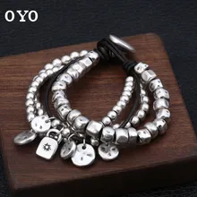 S999 чистого серебра личности Многослойный кожаный браслет веревки для мужчин и женщин