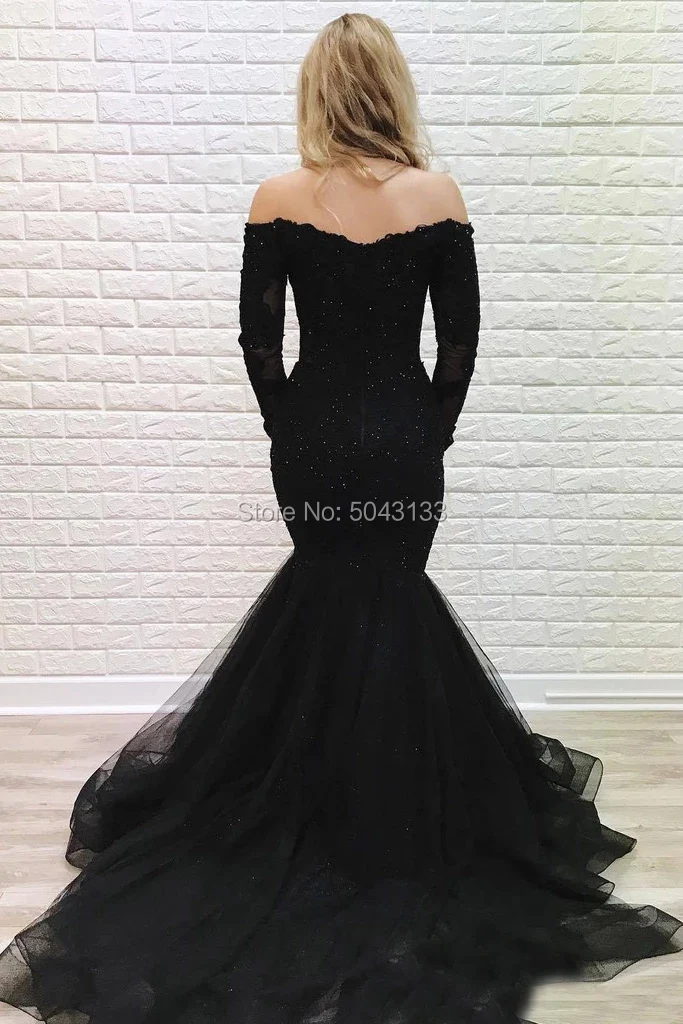 Черные Вечерние платья Русалка vestido de festa с открытыми плечами с длинным рукавом Вечерние платья для выпускного вечера Бисероплетение вечернее платье с кружевной аппликацией
