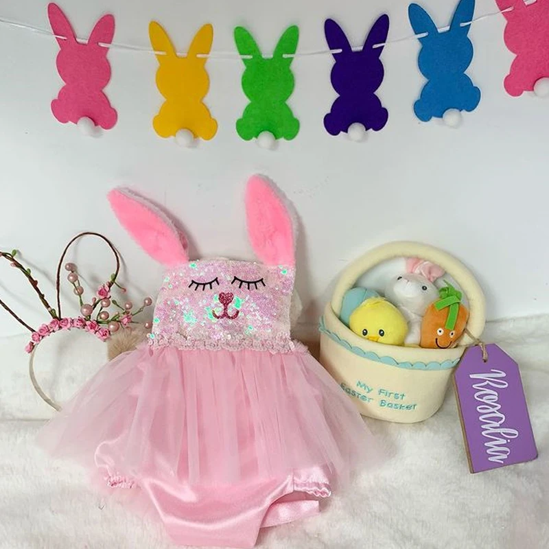 FOCUSNORM Easter Days Princess Baby Girls Romper Dress 0 24M Sequined Rabbit 3D Ear Sleeveless