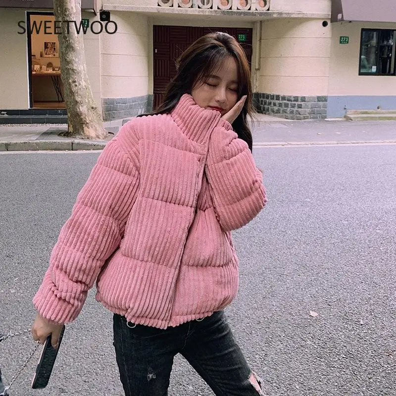 2021 New Winter Corduroy Short Jacket Women Korean Style Thick Zipper Cotton Parkas Woman Stand Collor Warm Outwear Coats Female