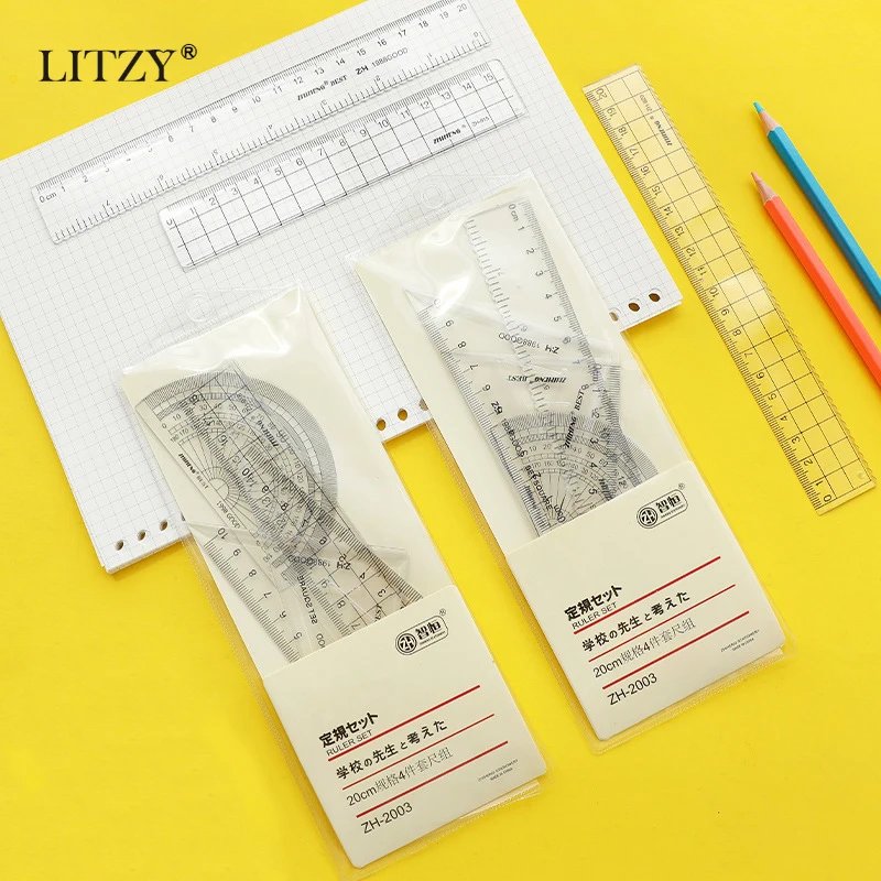 

LITZY 4pcs Transparent Ruler Set Protractor Mathematical Compasses for School Stationery 20cm Plastic Simple Straight Rulers